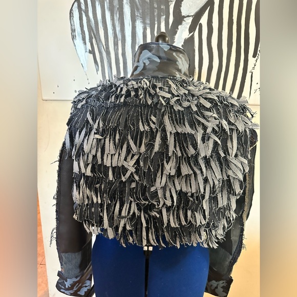 Women’s Denim/Blue Camouflaged/Black Leather Fringed Jacket ❌SOLD❌ - Picture 2 of 5